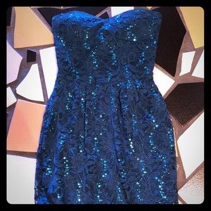 B. Darlin Teal Turquoise Strapless Sequin Dress